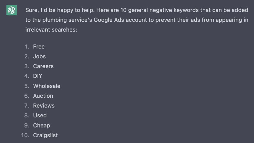 ChatGPT Google Ads Negative Keywords
