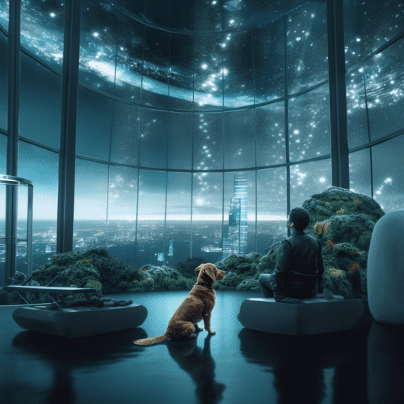 Dog with Man in Giant Aquarium