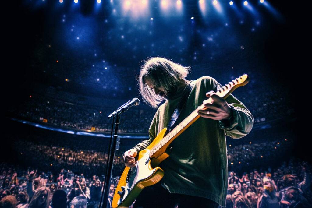2023 Kurt Cobain - Nirvana - Midjourney AI - Playing Guitar on Stage