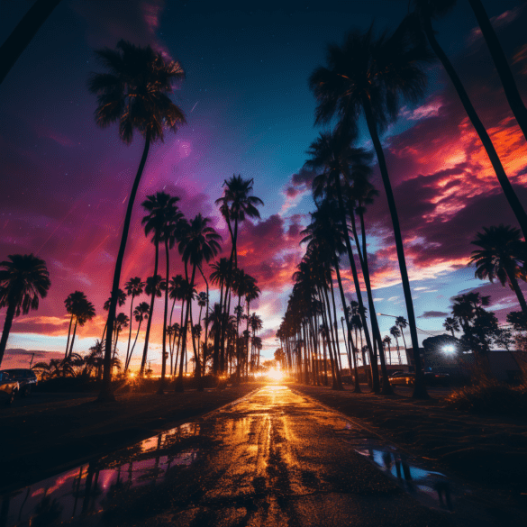 Sunset Road with Palm Trees