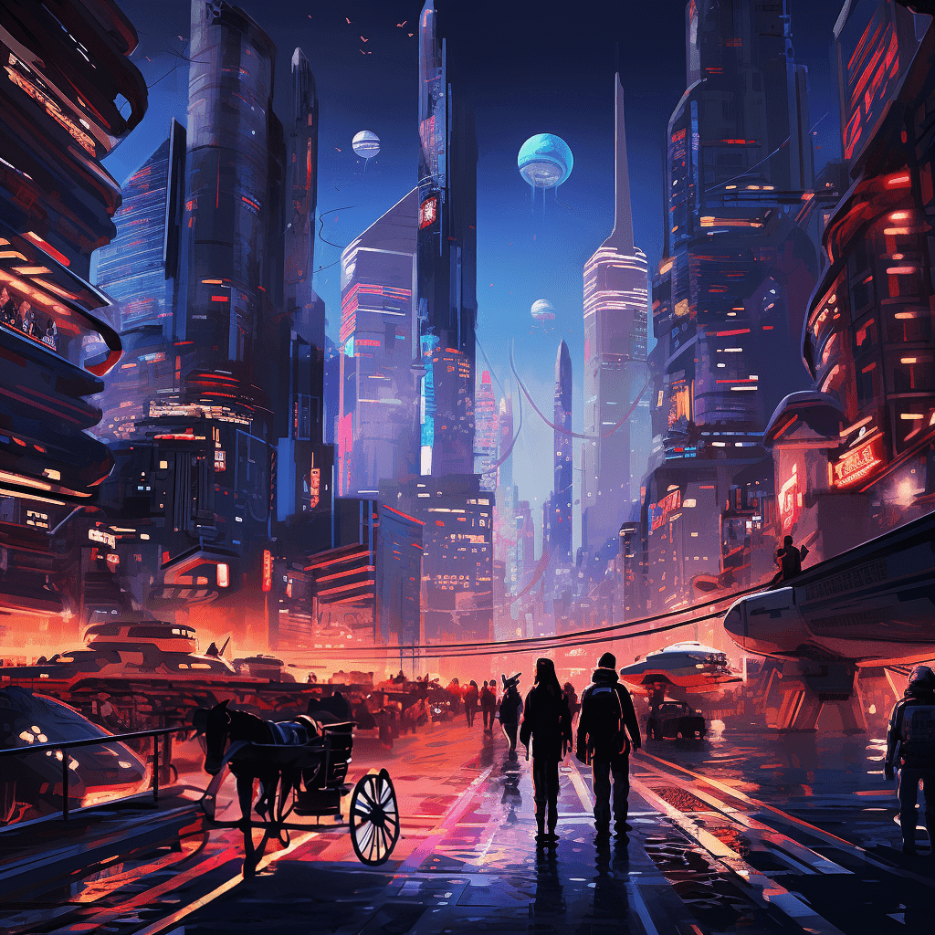 Futuristic Downtown Neon City Illustration - Horse and Buggy - Generative Fill