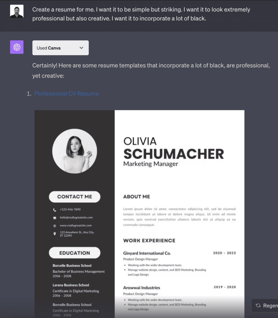 ChatGPT Canva Resume Example