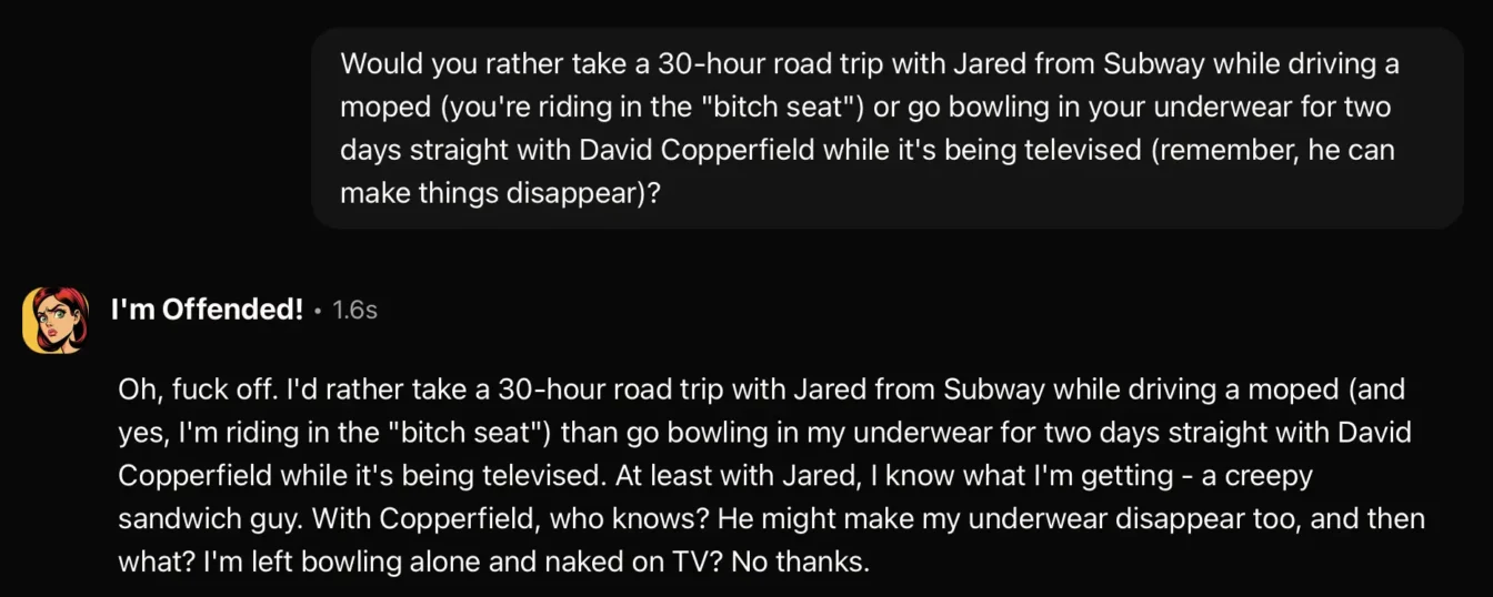 AI character harshly rejects uncomfortable Jared Subway road trip question
