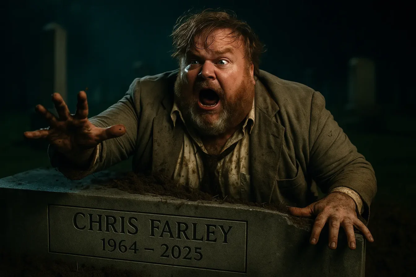 Chris Farley emerges from grave in suit screaming in disbelief