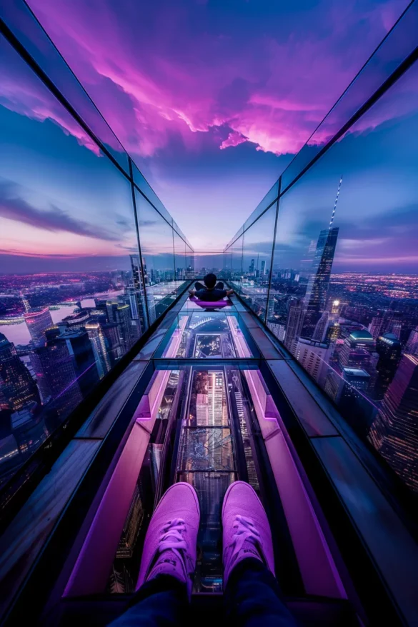 View from a glass skywalk with pink shoes at sunset over cityscape