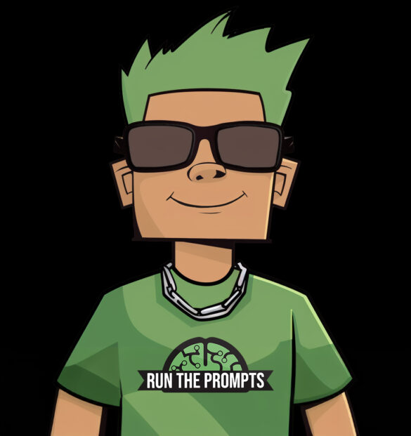 Run The Prompts Cartoon Character with Green Hair and Black Sunglasses