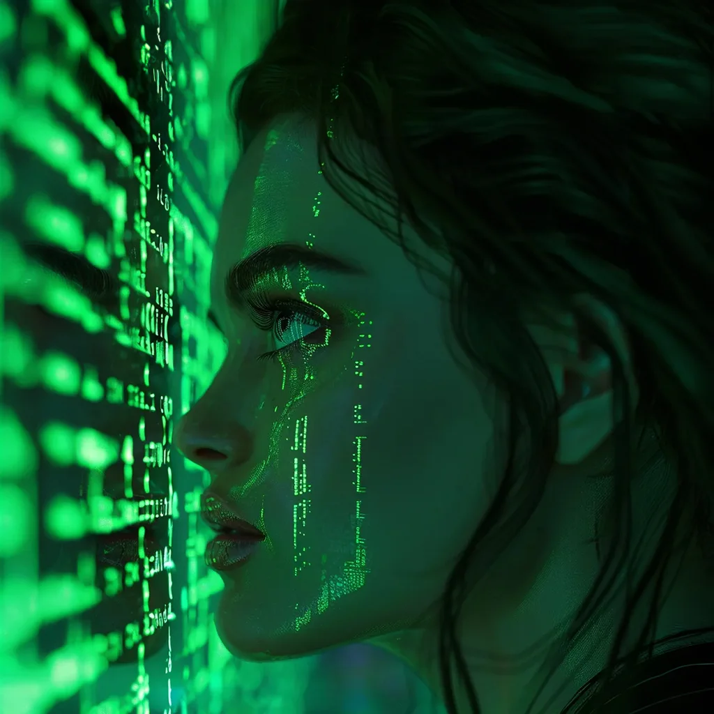 Side profile of a girl with digital code on her face