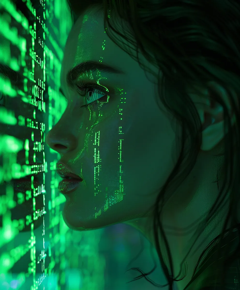 Beautiful woman immersed in green digital matrix code