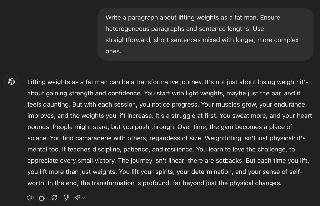 Screenshot of ChatGPT writing prompt about lifting weights as a fat man.