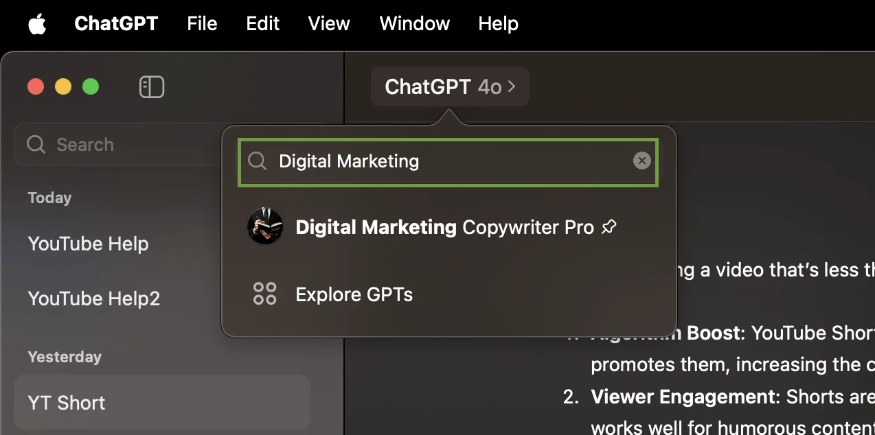 Search for GPTs in ChatGPT interface showing Digital Marketing Copywriter Pro GPT