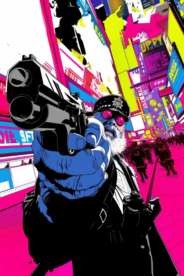 Colorful comic-style artwork of a police officer pointing a gun in a neon-lit cityscape