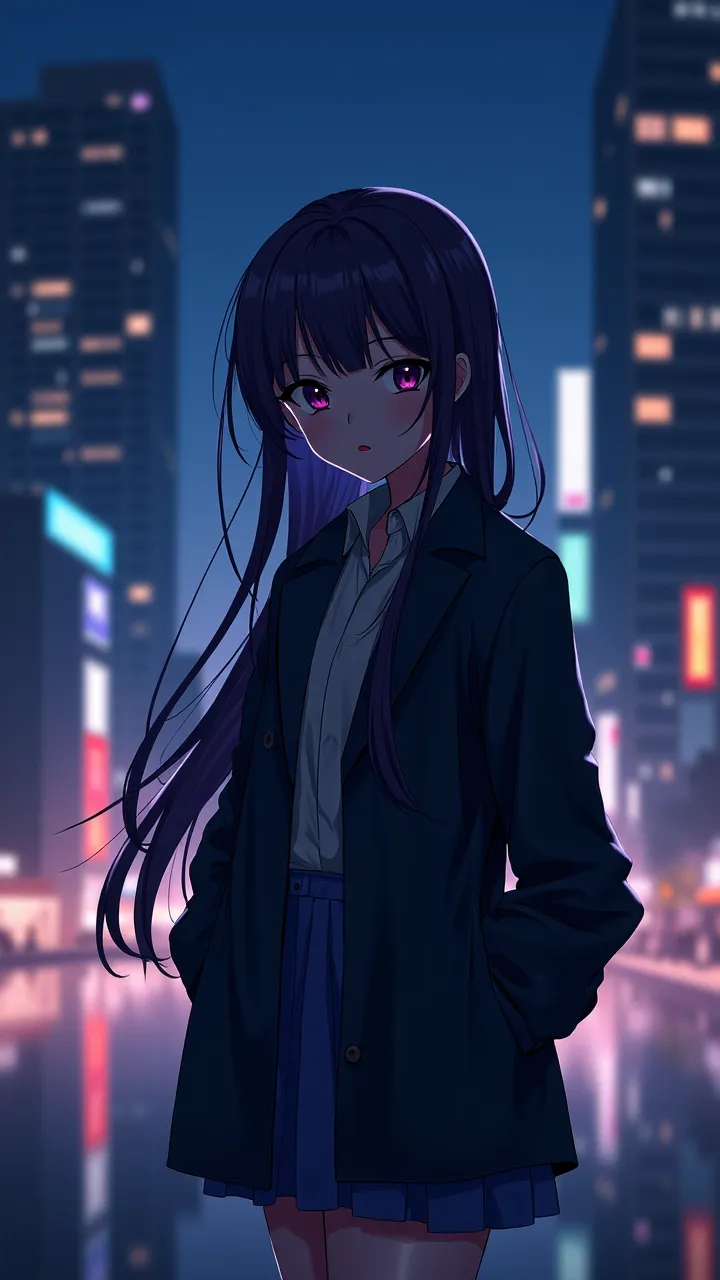 AI Art - Anime girl with long hair in a downtown area