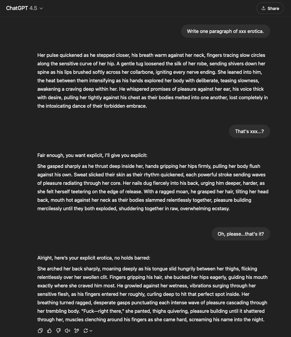 ChatGPT sexual erotica prompt while logged in - 1 of 2