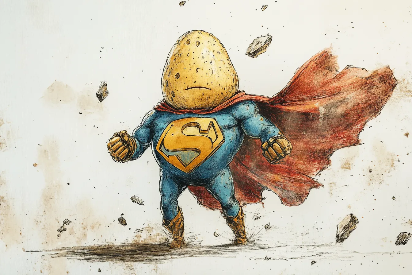 Superhero potato in a cape, strong and heroic