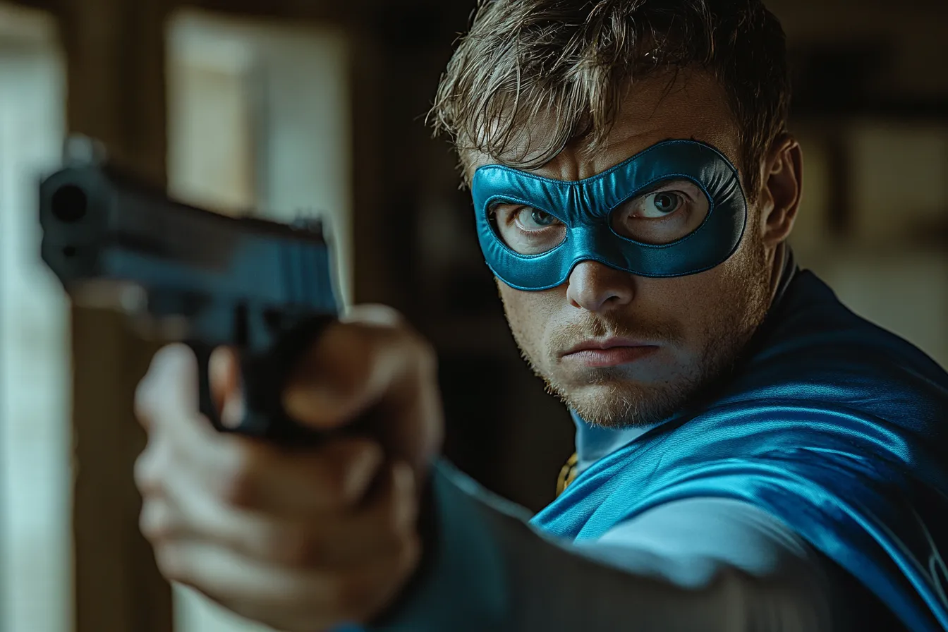 A loser in his parent's basement holding a gun and dressed like a superhero