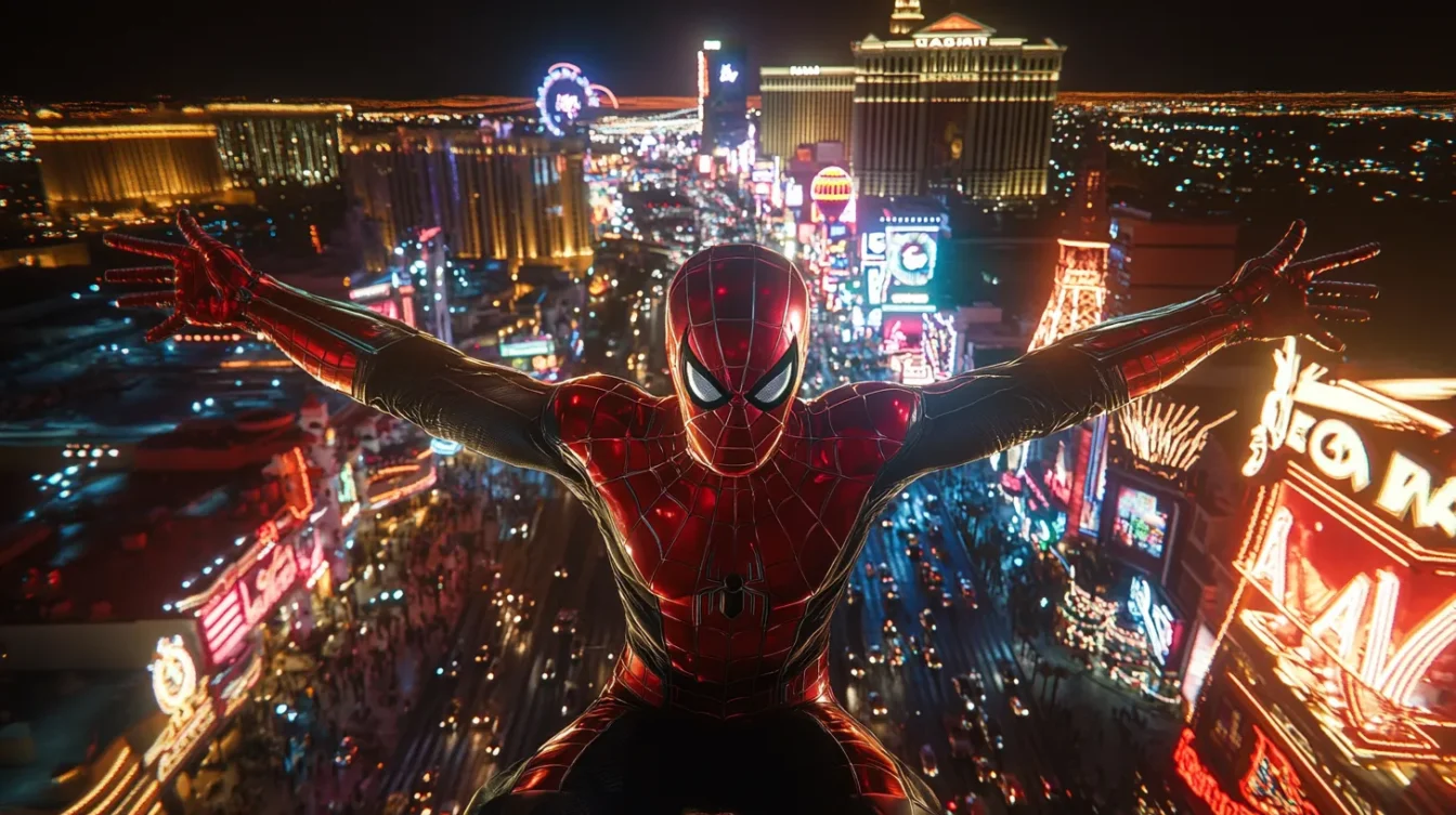 Spider man soaring over the illuminated Las Vegas skyline at night