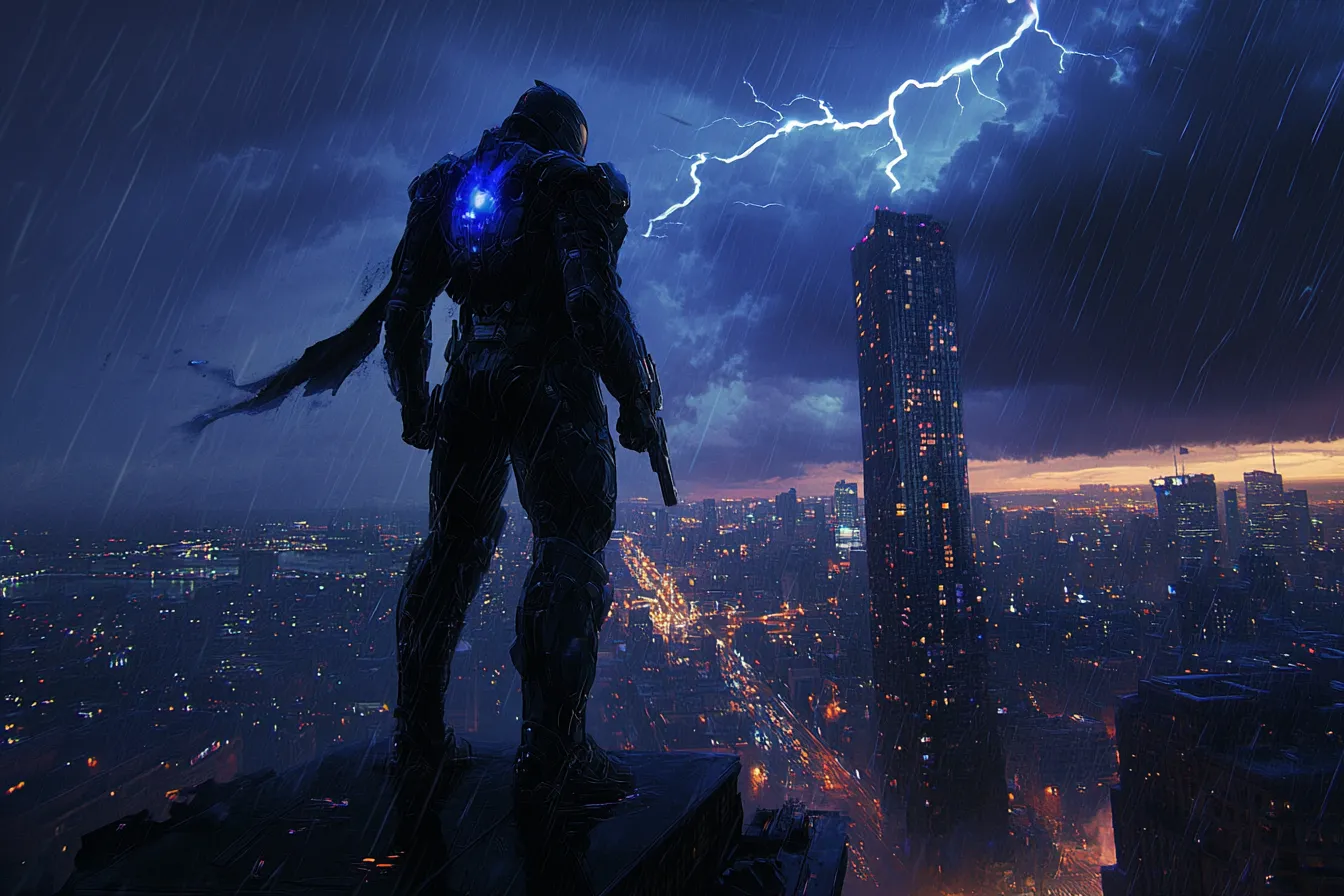 A powerful blue-armored hero standing with a gun on the edge of a building during a storm in downtown Detroit