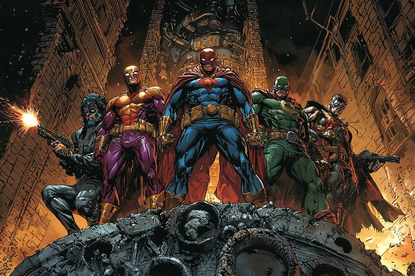 Group of armored superheroes standing triumphantly in a battle-torn city