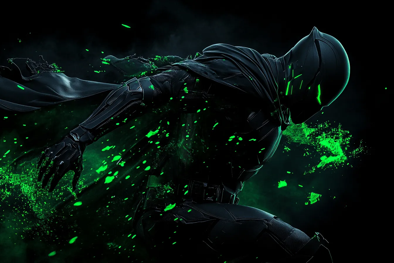 Mysterious black armored hero in action with green glowing effects