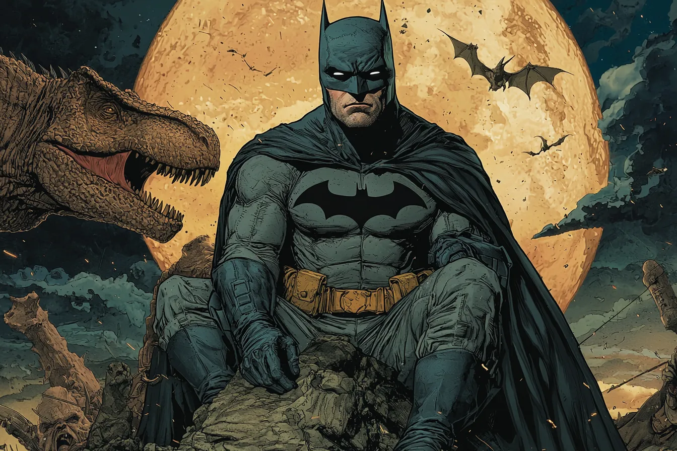 Batman sitting solemnly with a dinosaur under the moonlight