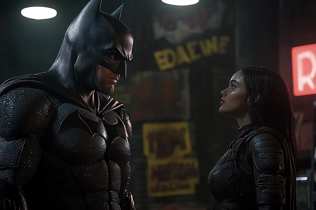 Batman facing off with a female ally in a gritty urban setting