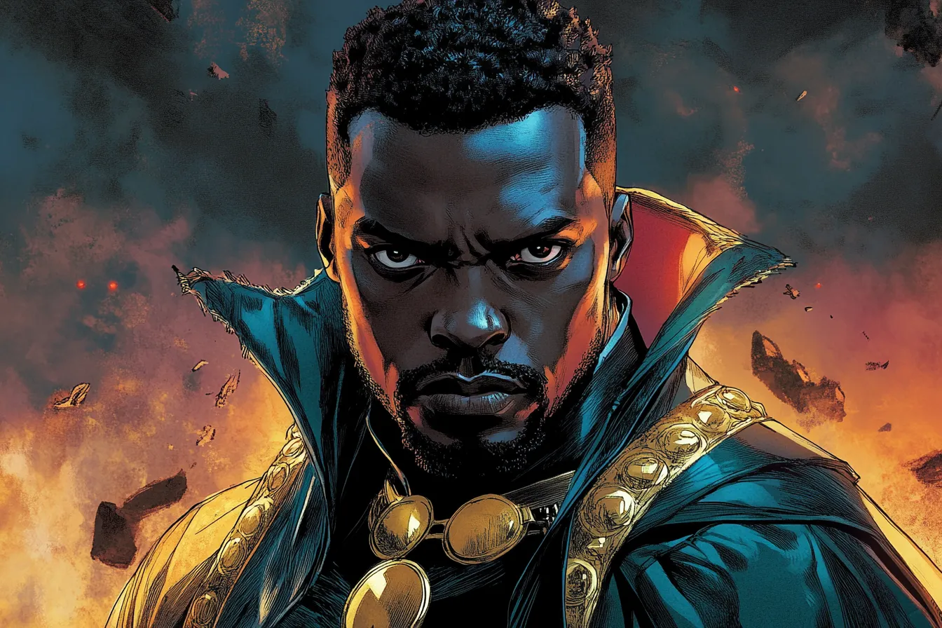 Mysterious black superhero looking determined