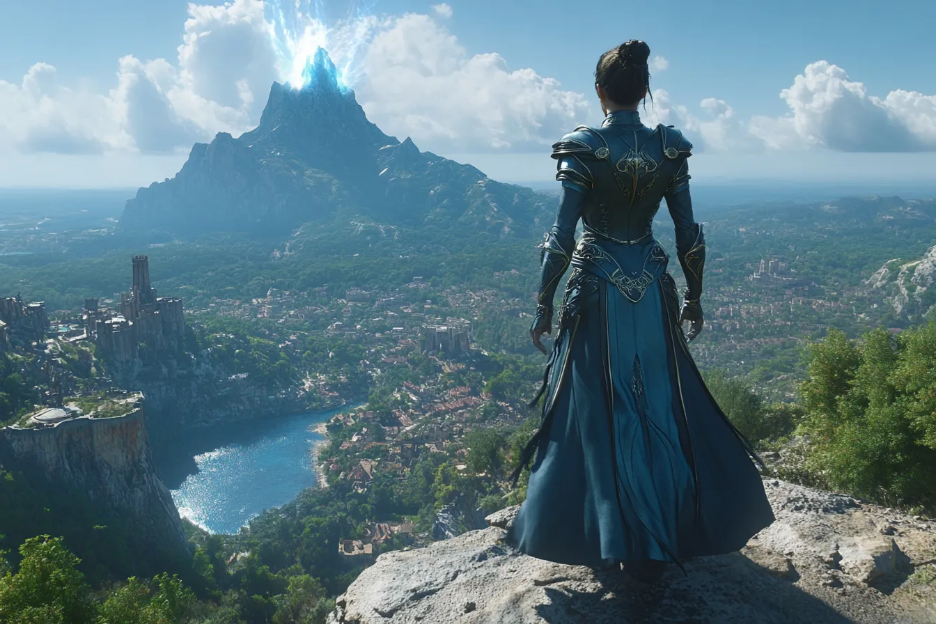 Warrior in medieval armor overlooking a kingdom with a glowing mountain