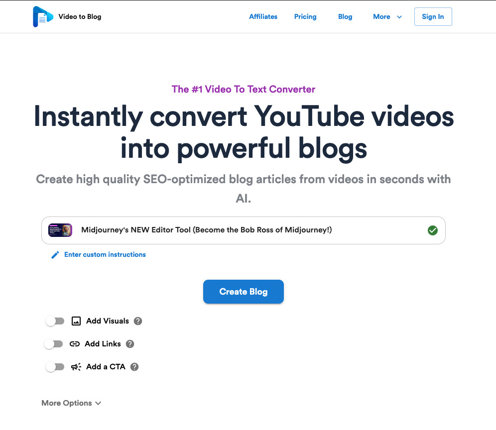 Youtube to Blog AI Homepage