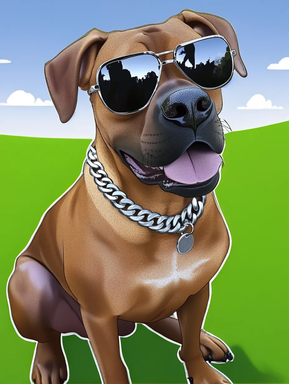 Cartoon dog with sunglasses and a silver chain sitting on grass