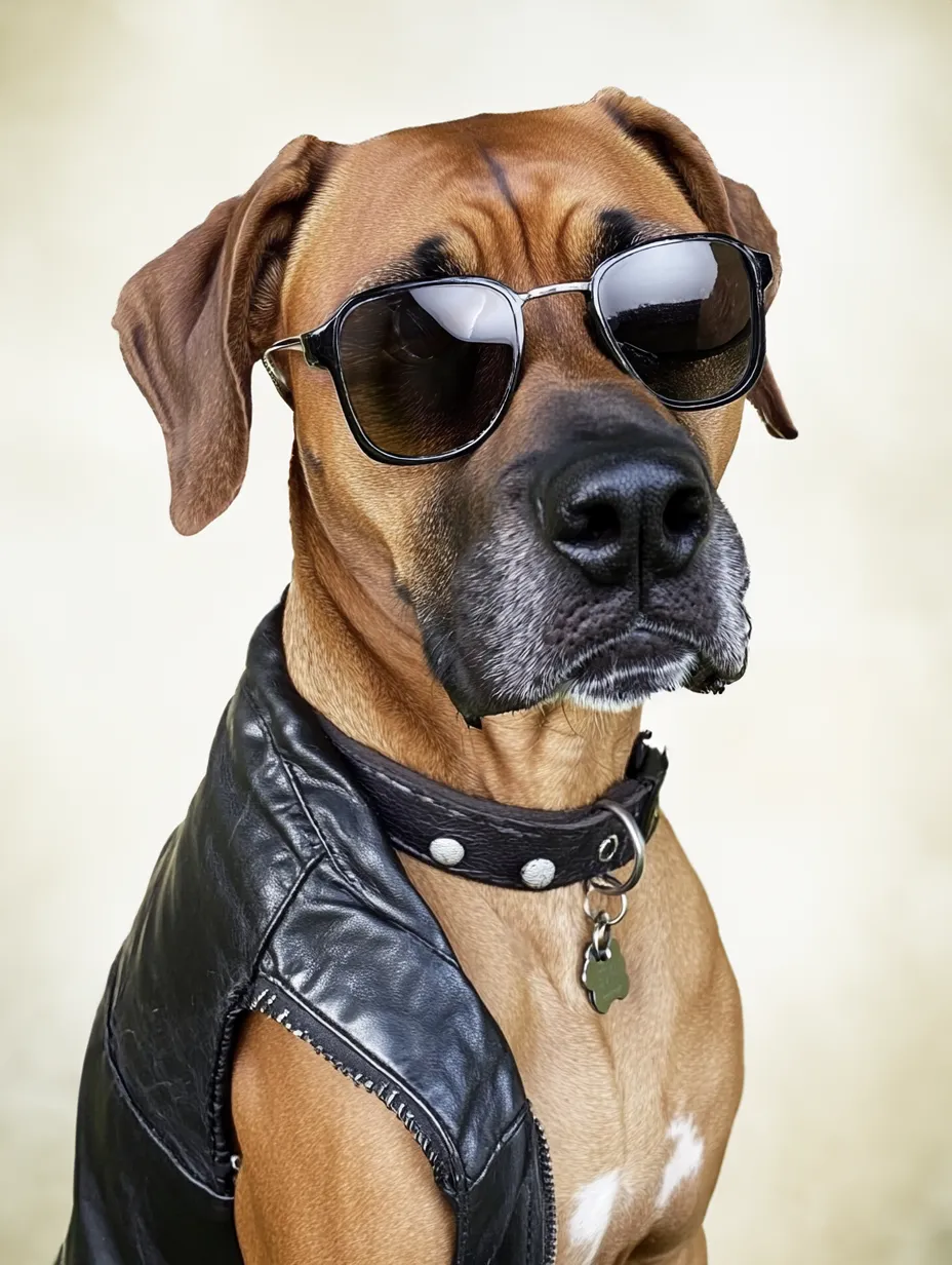 Stylish dog in a leather jacket and sunglasses