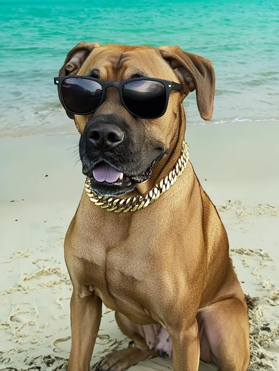 Dog wearing sunglasses and gold chain on the beach