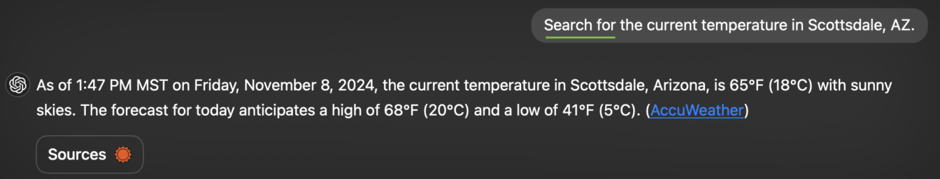 ChatGPT search for current temperature