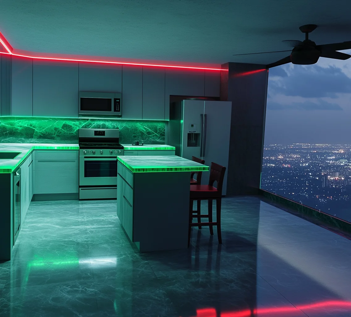 Futuristic kitchen with red and green neon lighting overlooking city skyline.