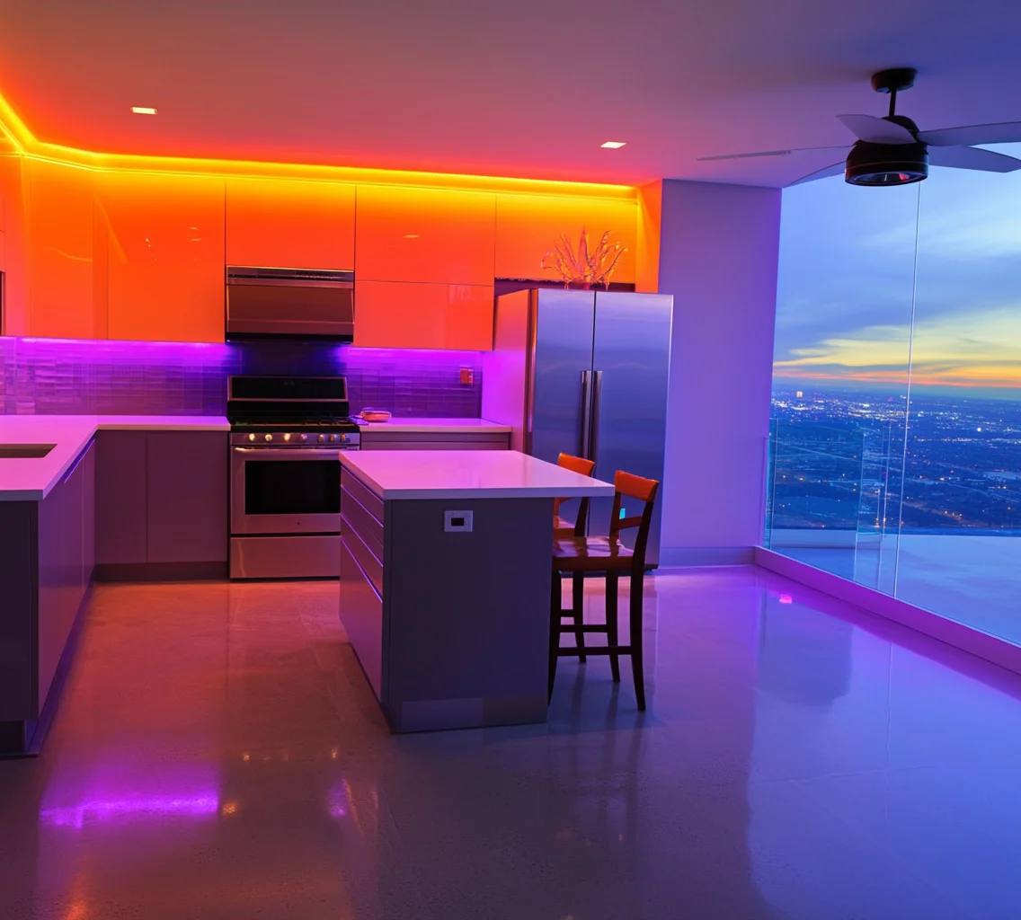 Futuristic kitchen with neon lighting overlooking city skyline.