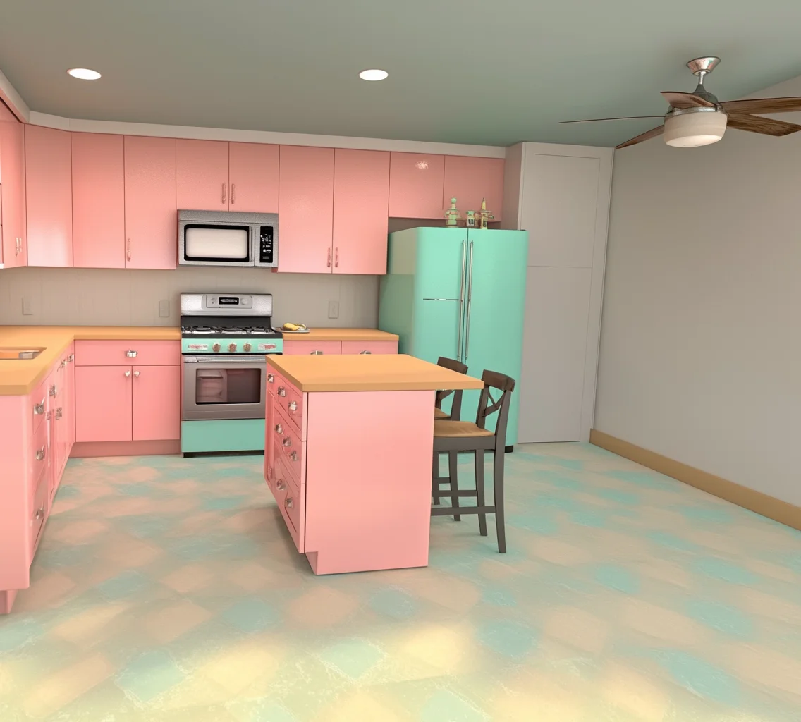 Vintage kitchen with teal and yellow decor from the 1950s.