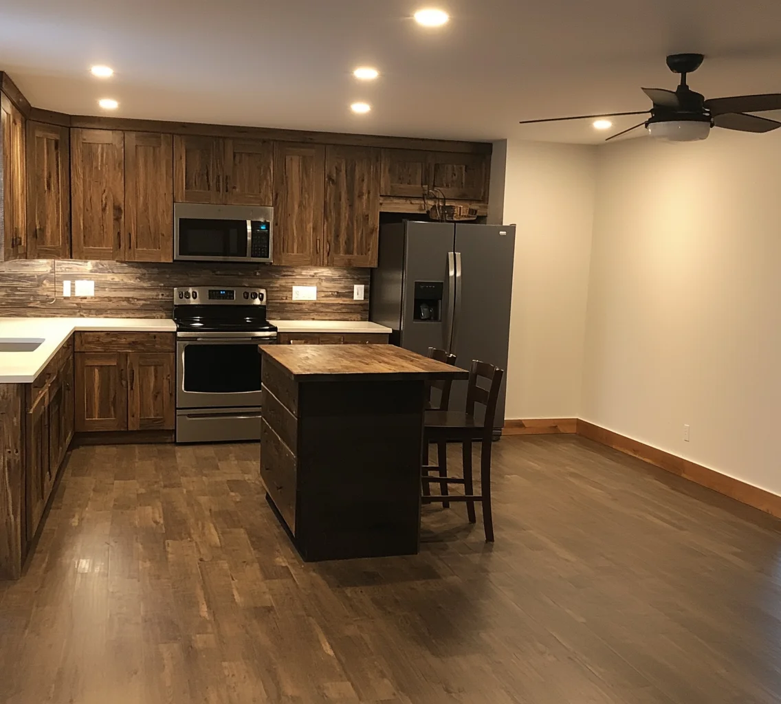 Rustic kitchen with wooden cabinets and island.