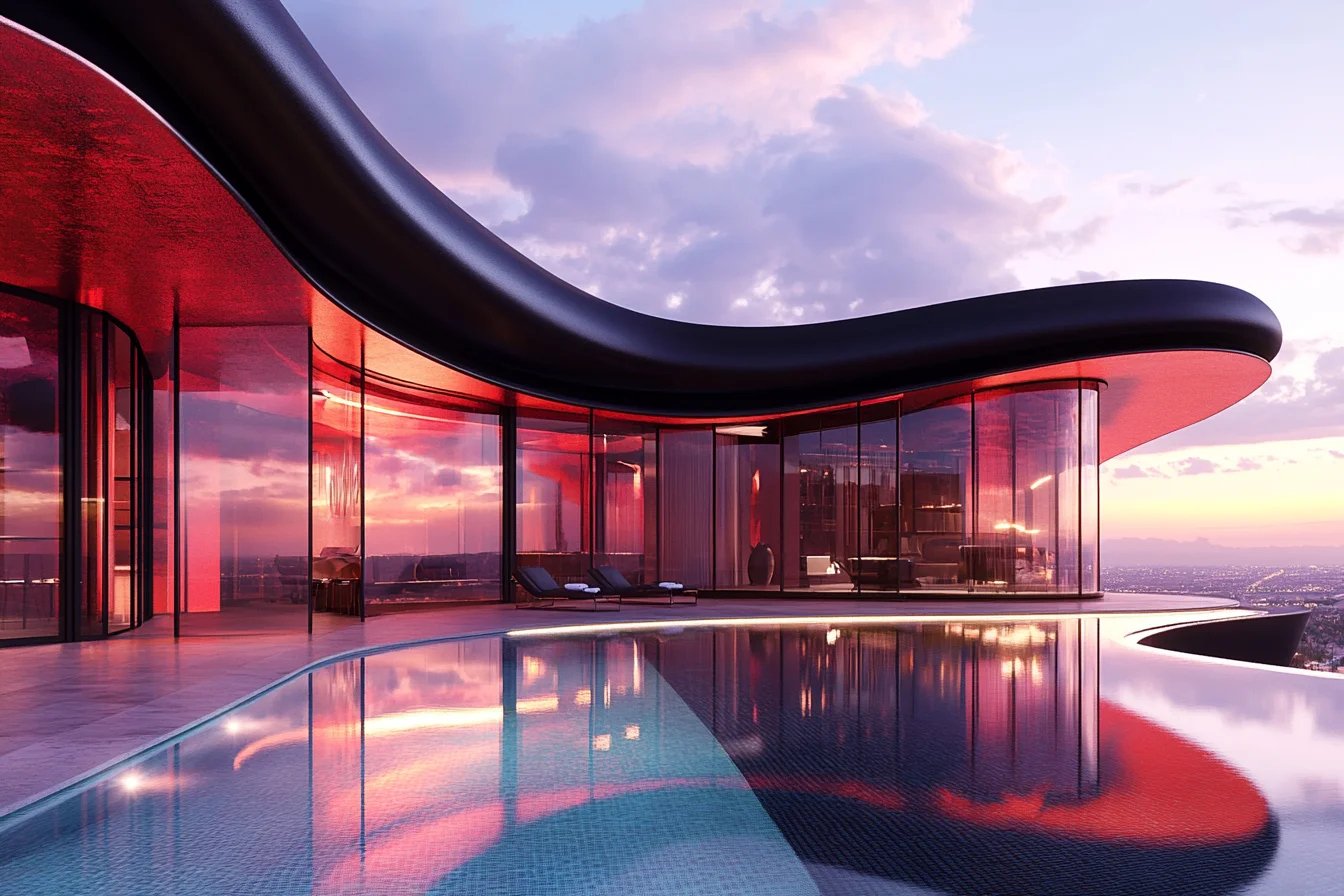 Midjourney-generated luxury curved architecture with infinity pool and sunset reflection.