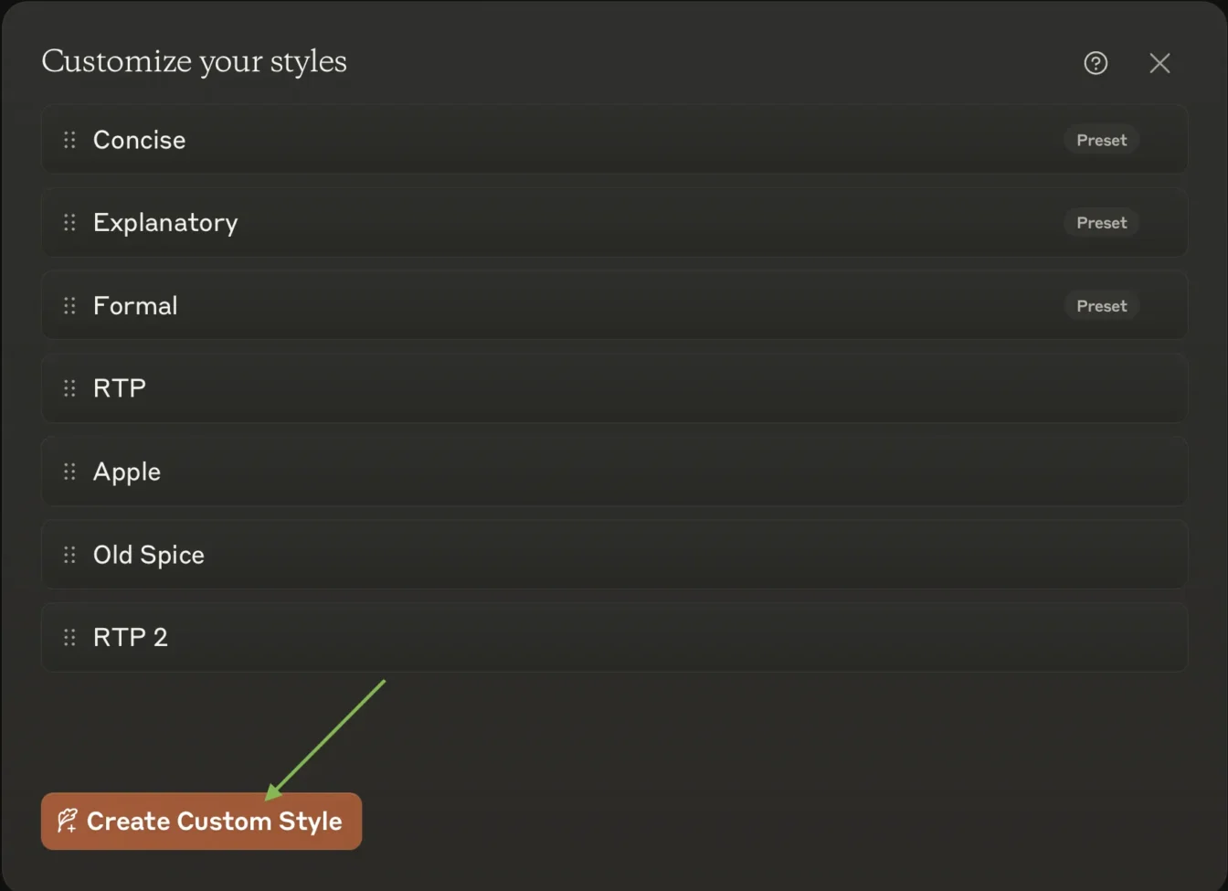 Customization options for creating a new writing style in Claude