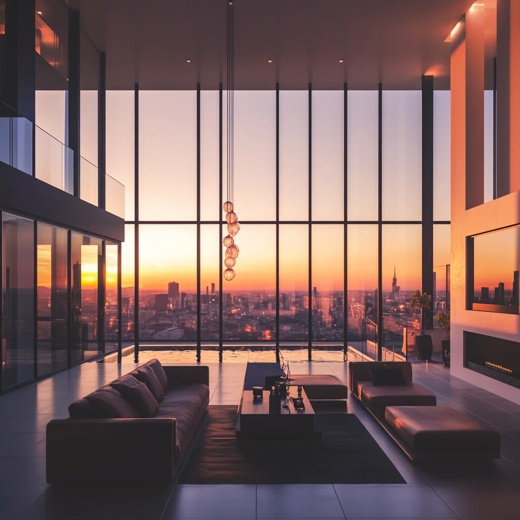 Modern living room interior created with Midjourney with cityscape views during sunset. 