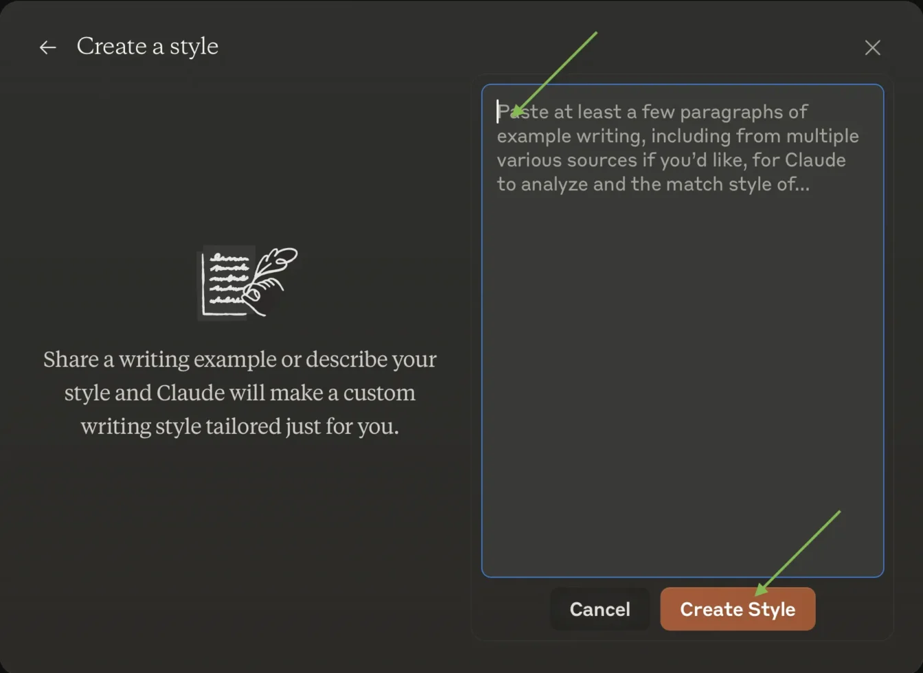 Field for creating a custom writing style in Claude by pasting sample text