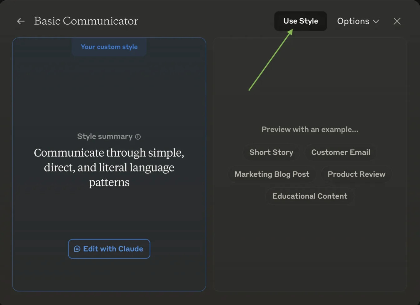 Interface showing Claude's writing style options and 'Use Style' button