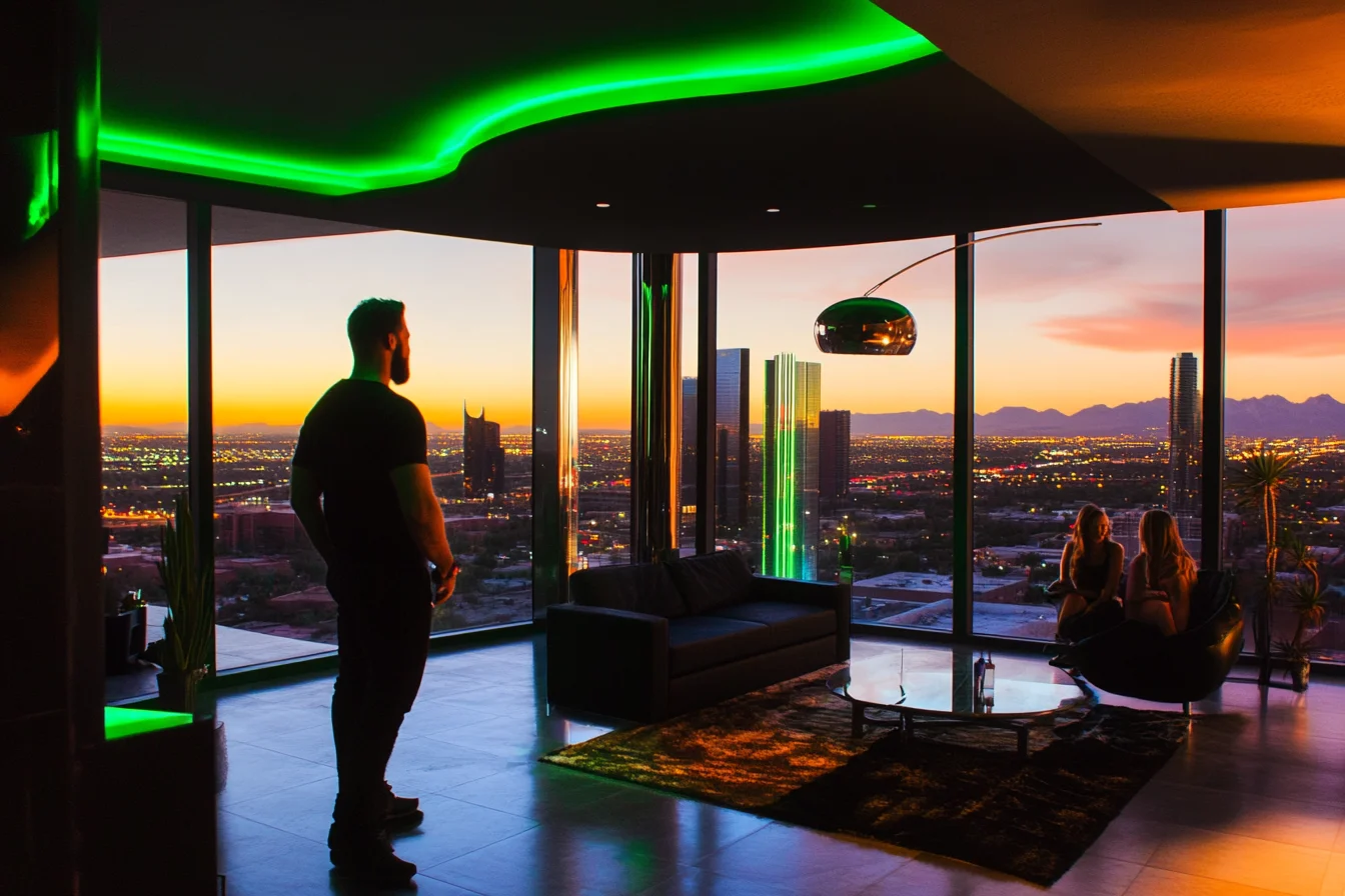 Cityscape evening view from a luxury apartment with green neon lighting interior - created with Midjourney