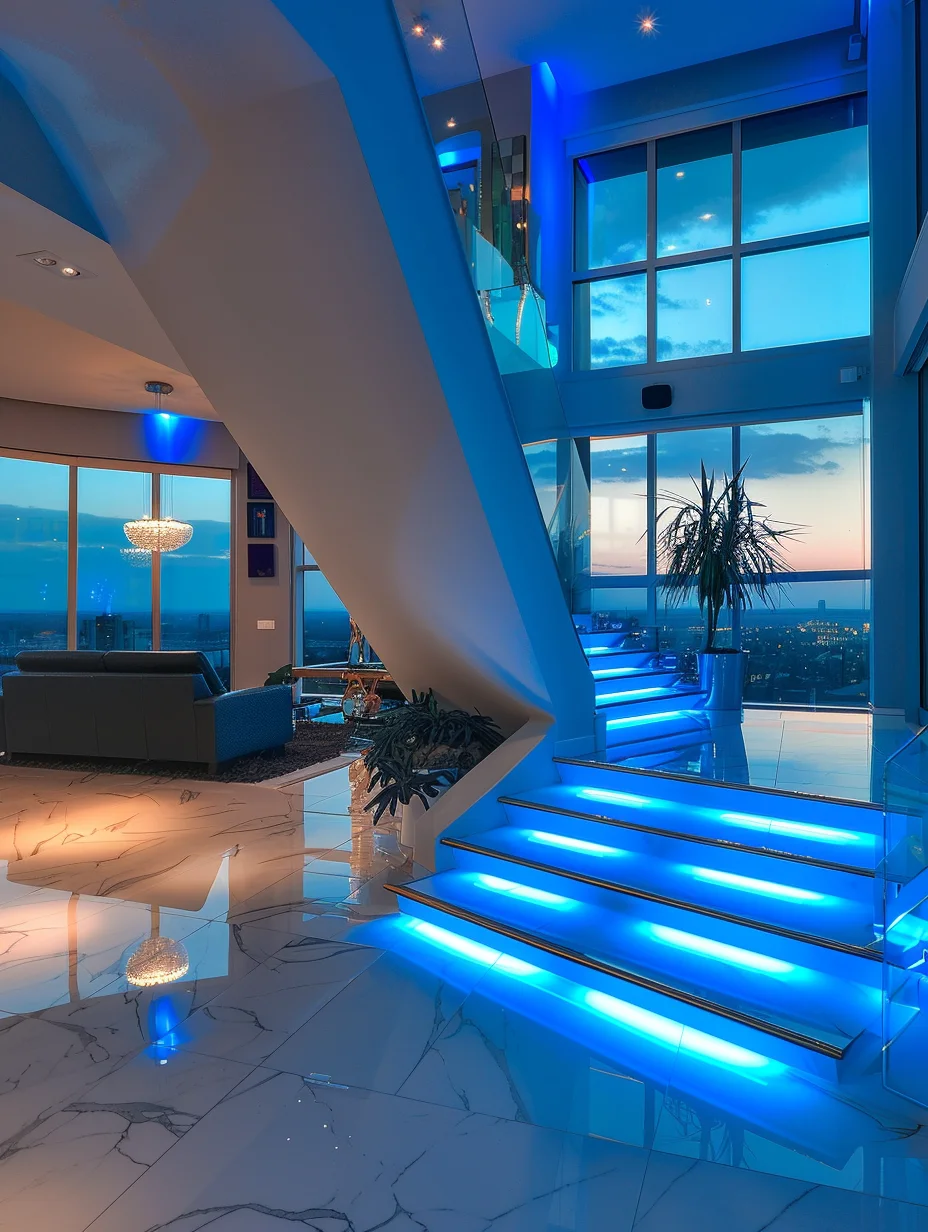 Grand staircase interior design with blue lighting in a luxury apartment - generated with Midjourney