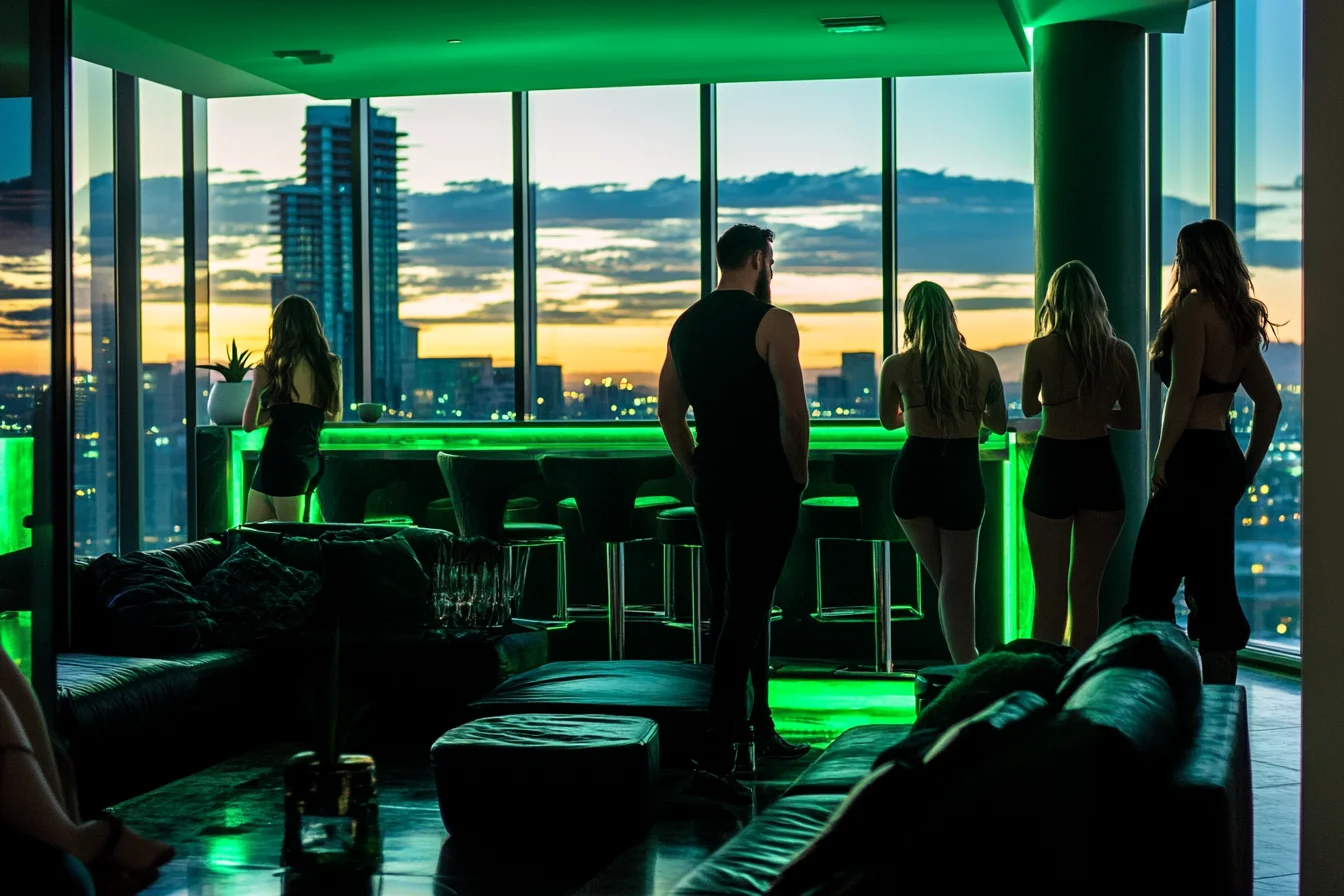 Group of people enjoying a luxurious penthouse lounge with city skyline views