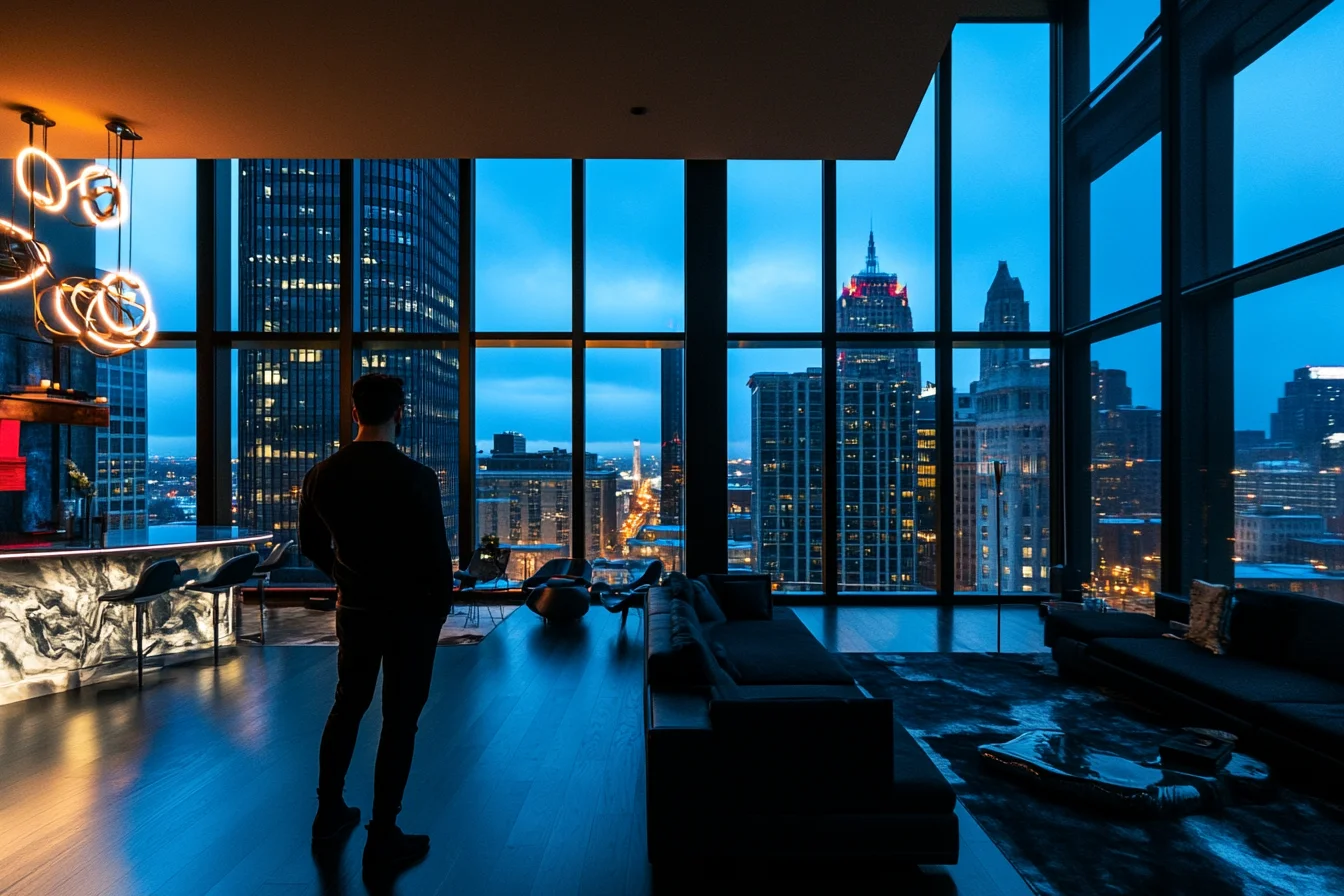 Man standing in the interior of a high-rise apartment in Detroit overlooking the city at night