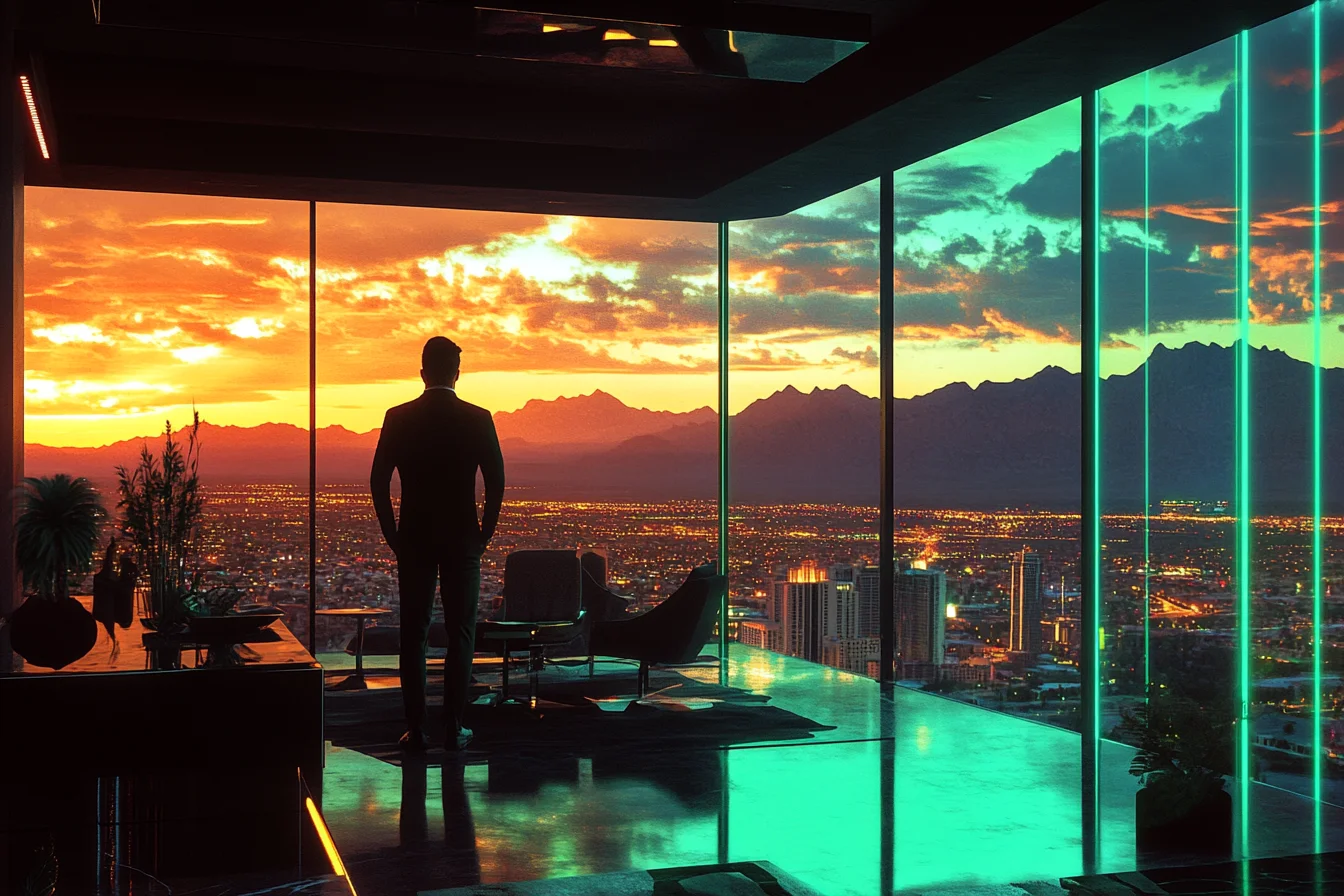 Midjourney silhouette of a man looking at sunset from a glass-walled high-rise interior