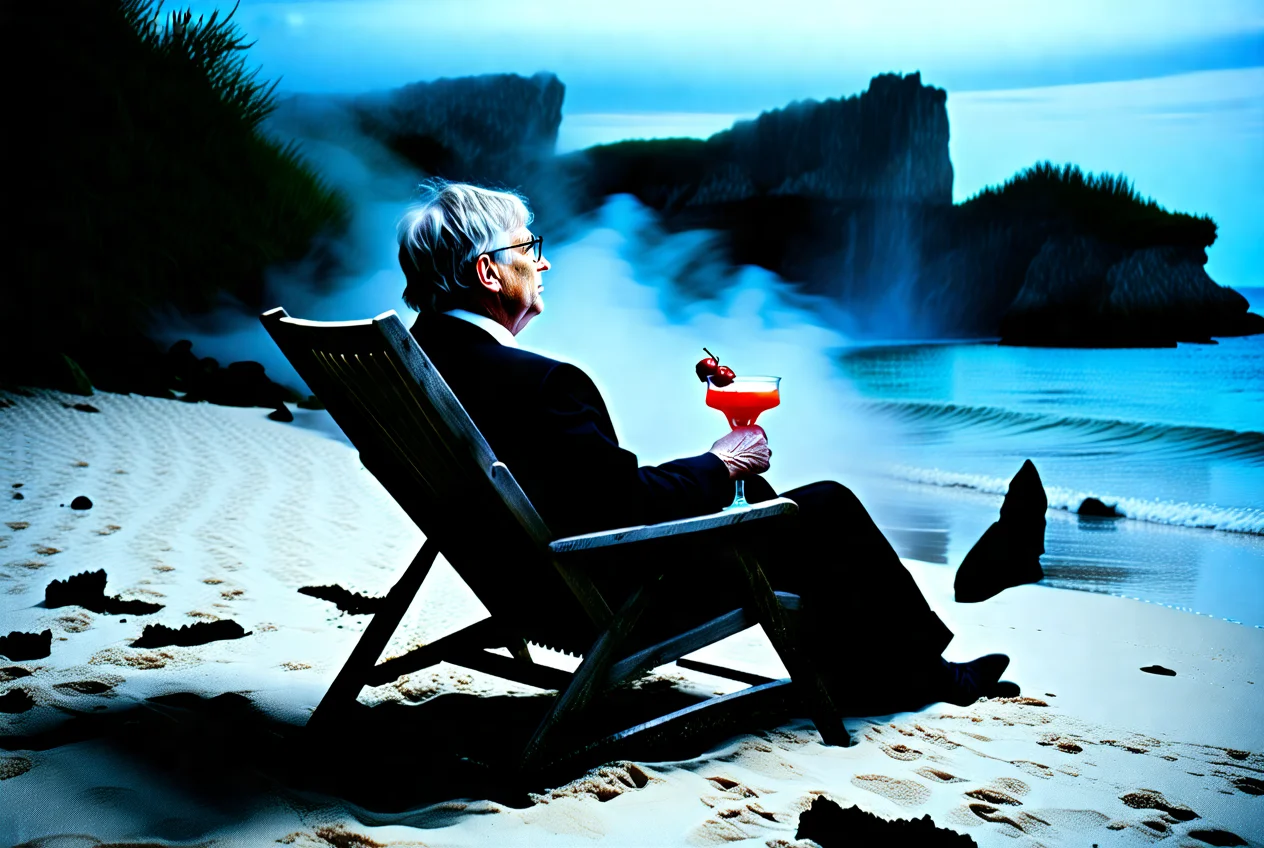 Bill Gates sitting on an island beach with a cocktail