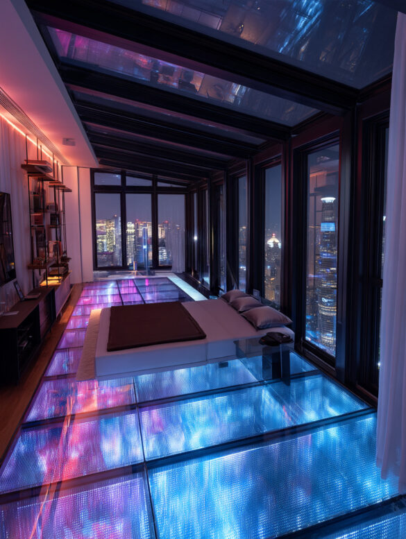 Penthouse with see-through floor and neon lights