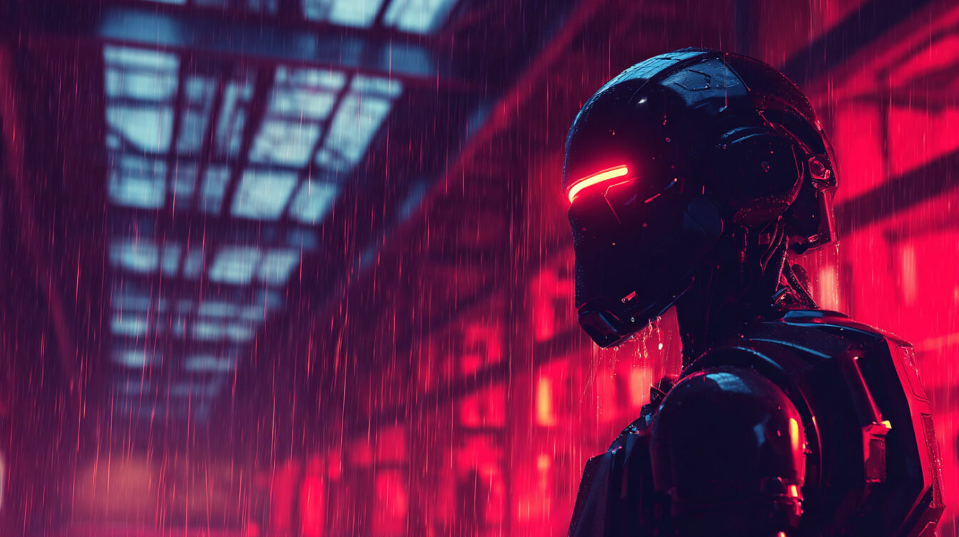 A robot with glowing red eyes in a warehouse with neon LED red lights