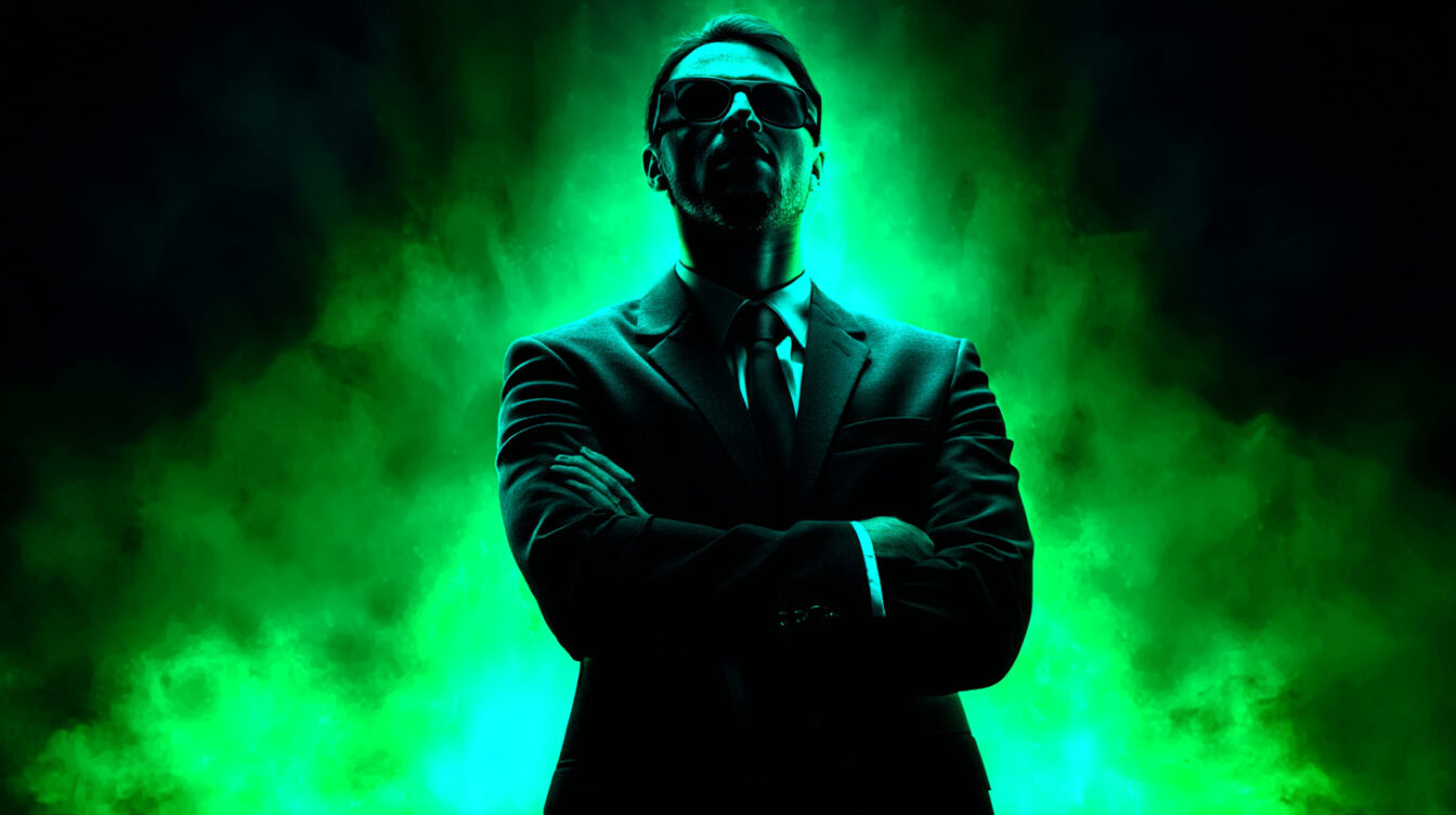 A man in sunglasses standing confidently in front of a green neon background